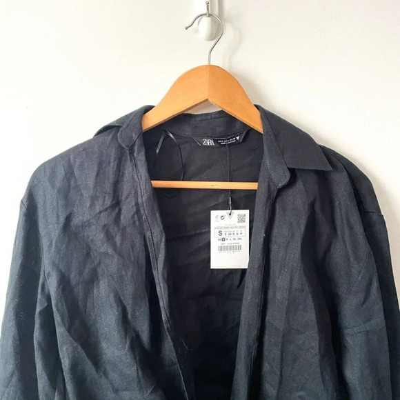 Zara Linen Tie Shirt With Knot Black NWT Size Small - Picture 9 of 11